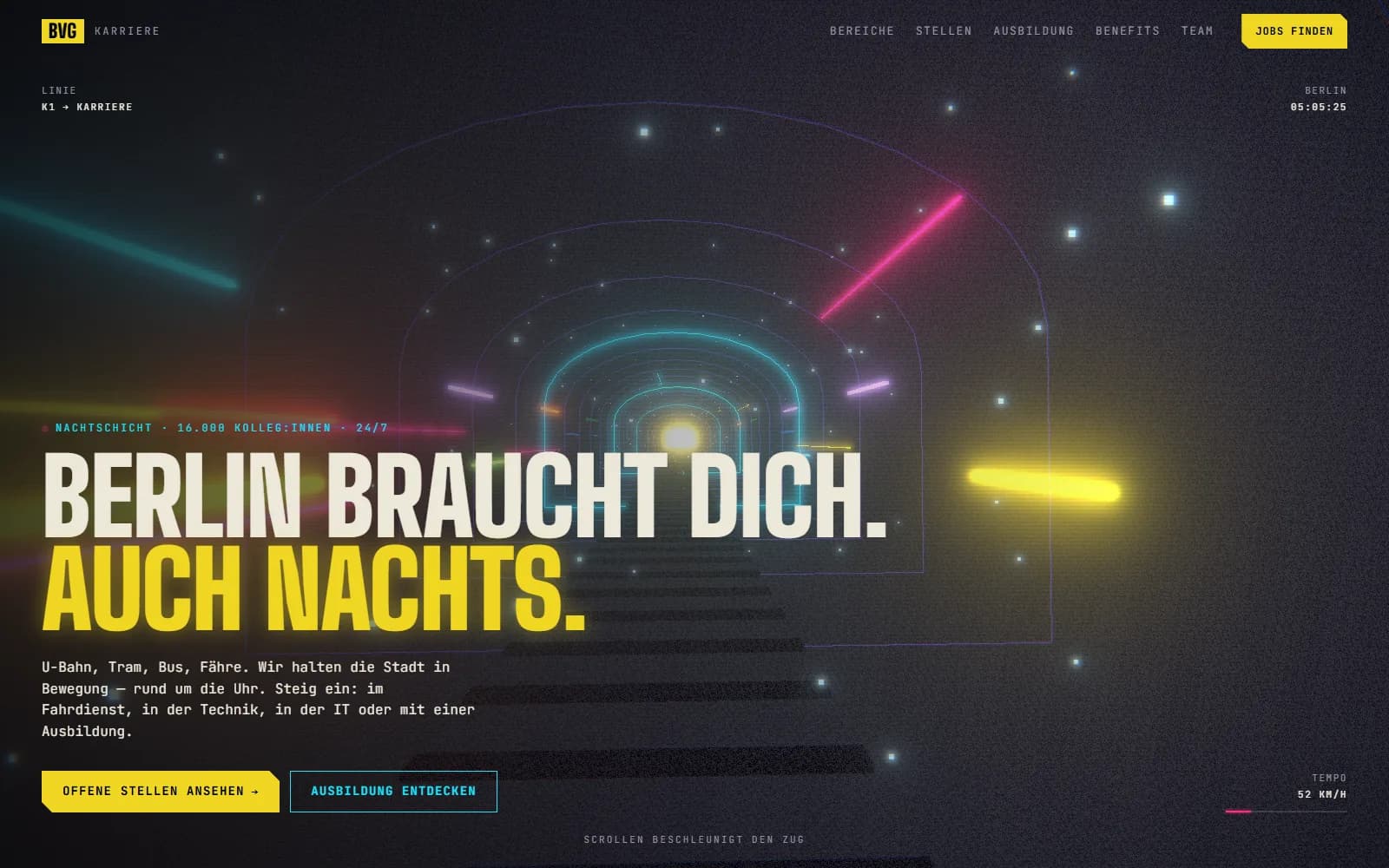 Neon U-Bahn tunnel behind the headline “Berlin braucht dich. Auch nachts.”